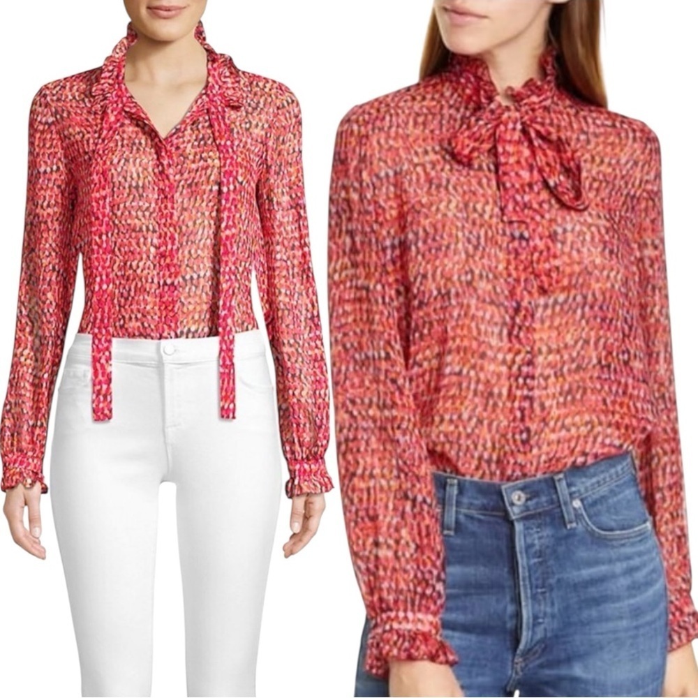 SALONI EMILE HARATI ROUGE RED NECK TIE BOW RUFFLE SILK BUTTON DOWN BLOUSE TOP